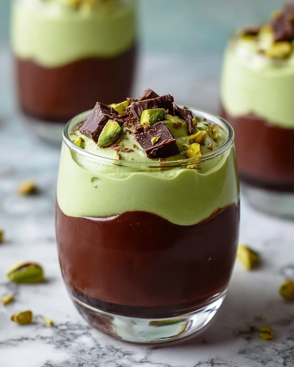 The image shows a dessert in a clear glass cup with two main layers; the bottom layer is rich, dark chocolate with a smooth, glossy texture filling nearly half the glass. On top, there is a thick, creamy light green layer, appearing soft and airy. The dessert is garnished with small chunks of dark chocolate and scattered green pistachio nuts, adding texture and color contrast. The background features a white marbled texture, with two more similar dessert glasses blurred in the distance, giving focus to the main glass in the center. photo taken with an iphone --ar 4:5 --v 7