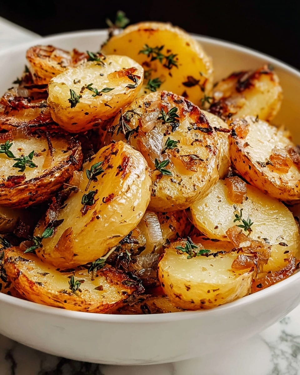 The image shows a white bowl filled with several layers of roasted potato halves. The potatoes have a golden-brown crispy skin with a slightly charred texture, and their insides are soft and light yellow. Scattered on top and between the potatoes are small pieces of caramelized onion in a light brown color, adding texture and flavor. Fresh green thyme leaves are sprinkled over the potatoes, providing a burst of color and freshness. The bowl is set on a white marbled surface, enhancing the warm colors of the dish. photo taken with an iphone --ar 4:5 --v 7