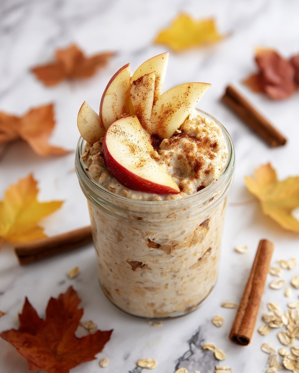A tall glass jar filled with creamy, beige overnight oats mixed with visible oat flakes and small brown nut pieces, topped with fresh apple slices that have red and yellow skin, and sprinkled generously with ground cinnamon. The jar sits on a white marbled surface scattered with loose oats and several cinnamon sticks, surrounded by soft-focused autumn leaves in shades of yellow, orange, and red, creating a cozy fall theme. The light is soft and natural, highlighting the texture of the oats and the fresh apple pieces. Photo taken with an iphone --ar 4:5 --v 7