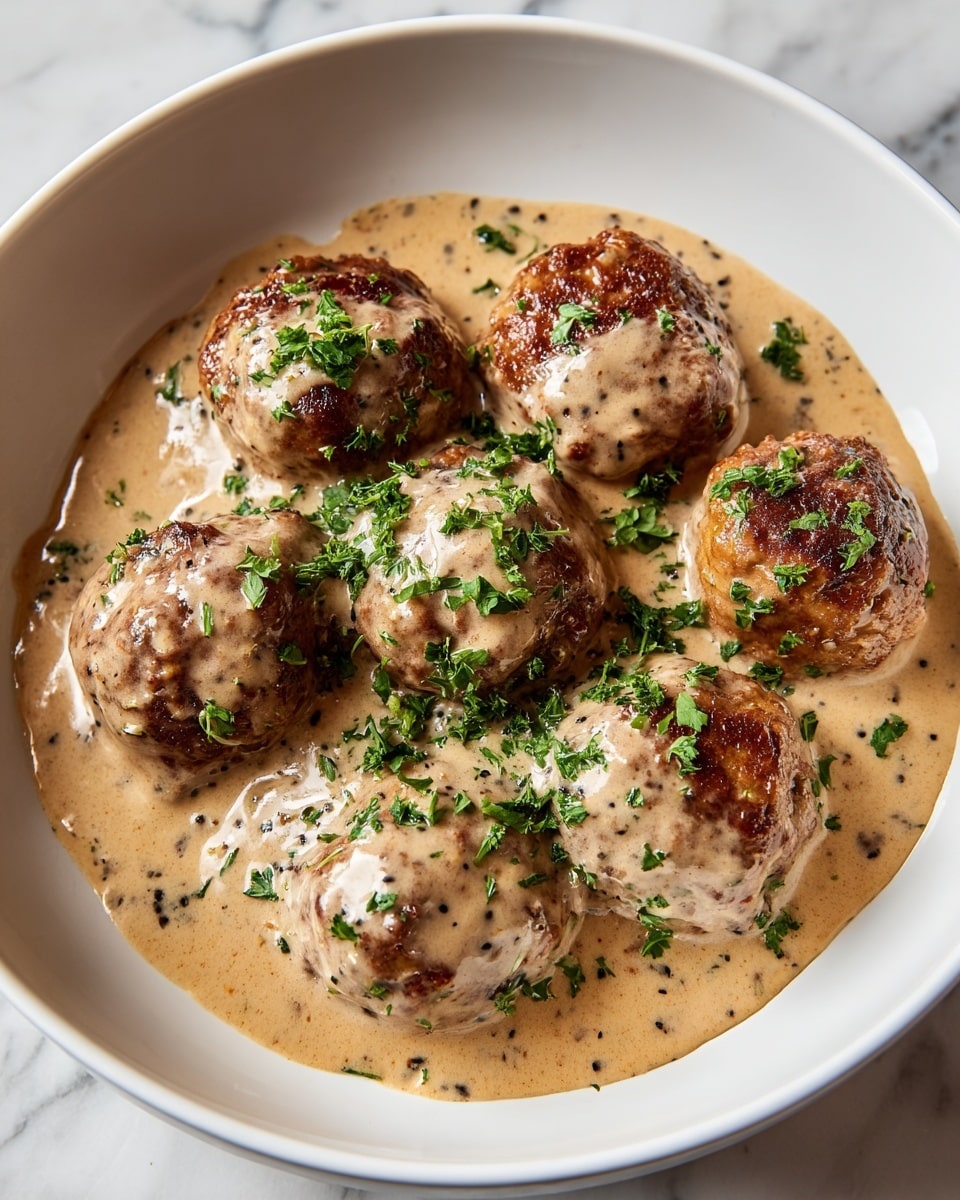 A white bowl holds seven browned meatballs, each coated in a thick, creamy beige sauce speckled with small black pepper bits. The meatballs are arranged closely in the center, with the sauce pooling around them and partially dripping off their sides. On top of the meatballs and sauce, bright green chopped fresh herbs are sprinkled evenly, adding a fresh contrast to the dish. The bowl sits on a white marbled surface, enhancing the natural colors of the meatballs and sauce. photo taken with an iphone --ar 4:5 --v 7