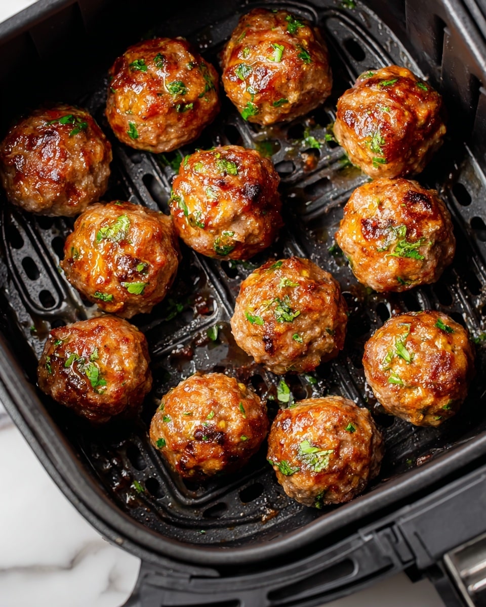 The image shows thirteen golden brown meatballs inside a black air fryer basket. Each meatball has a slightly crispy texture with small bits of green herbs sprinkled on top, adding a fresh contrast to the rich brown color. The meatballs are moist with a glossy finish from sauce or oil, resting in neat rows on the black slotted surface of the air fryer. The air fryer basket has some slight splatters of sauce around the edges, and the background is a white marbled texture. photo taken with an iphone --ar 4:5 --v 7