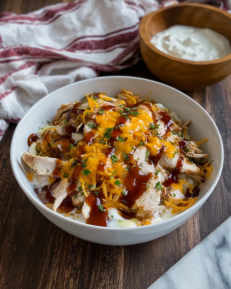 A white bowl filled with a layered dish starting with a creamy white base at the bottom, topped with sliced cooked chicken breast showing light brown edges and white meat inside. On top of the chicken, there is melted orange shredded cheese and a glossy dark brown sauce drizzled over it. Small green herb leaves are scattered on the surface. The bowl sits on a dark wood table with a white marbled texture visible on the side and a wooden bowl with a white creamy dip is placed nearby, along with a white cloth with red stripes in the background. Photo taken with an iphone --ar 4:5 --v 7