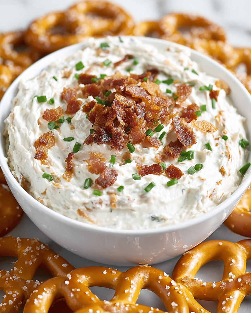 A white bowl filled with creamy, thick white dip that has a slightly whipped texture and is topped with crispy, small, golden-brown bacon bits and bright green chopped chives scattered on top. The bowl is surrounded by shiny, golden brown pretzels with visible salt grains, placed on a white marbled surface. The dip has subtle swirls giving it a smooth yet rich appearance. Photo taken with an iphone --ar 4:5 --v 7
