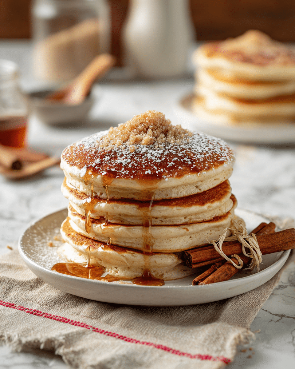 The image shows a stack of four thick pancakes on a white plate. Each pancake has a light golden-brown top with a soft, fluffy texture visible on the sides. Maple syrup is generously poured over the top pancake, dripping down the sides and pooling onto the plate. A small mound of brown sugar and a sprinkling of powdered sugar are on top of the stack. Next to the pancakes on the plate are three cinnamon sticks tied together with a string. The plate is resting on a beige cloth with red stitching, placed on a white marbled surface. In the blurred background, another stack of pancakes is visible on a white plate, along with a jar and a bowl with a wooden spoon. photo taken with an iphone --ar 4:5 --v 7