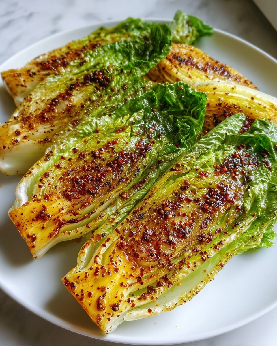 The image shows four pieces of grilled romaine lettuce on a white plate, each piece cut in half lengthwise showing about three layers from outer green leaves to inner light green and white parts. The lettuce has a rich golden brown char from grilling, with specks of blackened seasoning and oil glistening on the surface. The texture looks slightly crispy on the cooked side, while still fresh and firm on the leafy edges. The plate rests on a white marbled surface, with soft natural light coming from a nearby window. Photo taken with an iphone --ar 4:5 --v 7