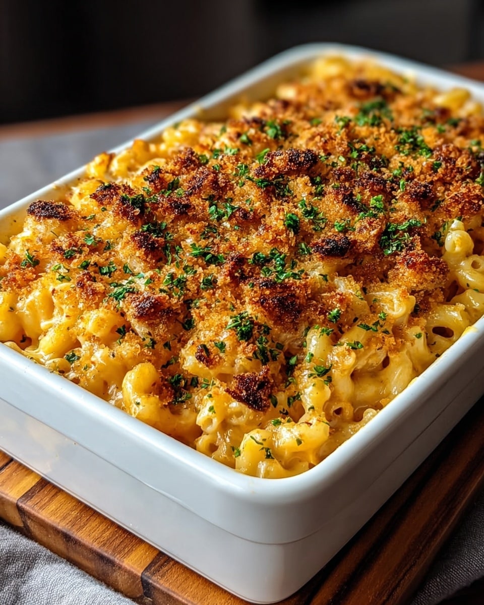A white rectangular baking dish filled with two main layers starting with a bottom layer of soft, yellow macaroni pasta, topped with a browned, bubbly layer of melted cheddar cheese mixed with browned crumbles of ground meat, possibly sausage. The top surface has scattered bits of chopped green herbs giving a fresh contrast to the golden, slightly crispy cheese. The dish is placed on a wooden board with a blurred darker background. photo taken with an iphone --ar 4:5 --v 7