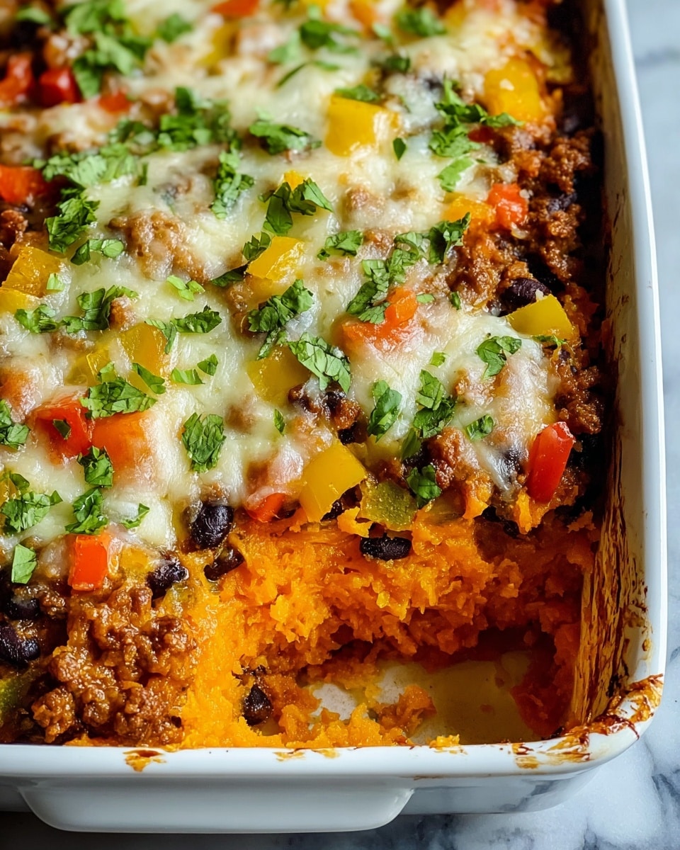 A close-up of a rectangular white baking dish filled with a layered casserole, starting with a dense orange base, likely mashed sweet potatoes mixed with black beans scattered throughout. Above that is a layer of cooked ground meat and mixed diced bell peppers in red, yellow, and green colors. The top layer is covered with melted cheese in creamy white and light golden shades, sprinkled with fresh green chopped cilantro. The edges of the baking dish show some baked-on sauce marks. The dish sits on a white marbled surface. photo taken with an iphone --ar 4:5 --v 7