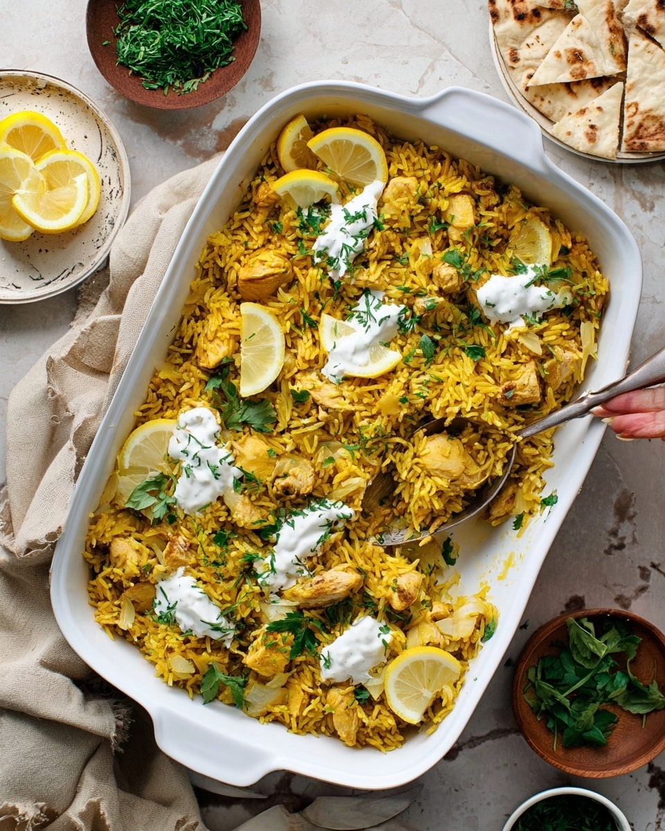 A white baking dish filled with a yellow rice and chicken mixture, garnished with green herbs and lemon wedges placed on top. There are dollops of white sauce with green flecks spread over the rice in several spots. A spoon is scooping some of the rice and chicken from the bottom right corner. Surrounding the dish are small bowls with green herbs and lemon slices, along with a white plate holding flatbread pieces. The scene is set on a white marbled textured surface with a beige cloth napkin draped to the left. photo taken with an iphone --ar 4:5 --v 7