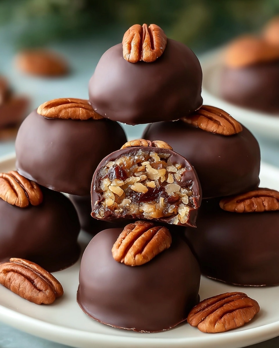 The image shows several round chocolate-covered treats on a white plate, placed on a white marbled texture. Each treat has a smooth, shiny milk chocolate outer layer with thin chocolate lines wrapped around it. Two of the treats are cut in half, revealing the inside filled with small pieces of nuts in shades of light beige and dark brown, tightly packed together. A whole pecan nut lies next to the treats on the plate. The photo taken with an iphone --ar 4:5 --v 7