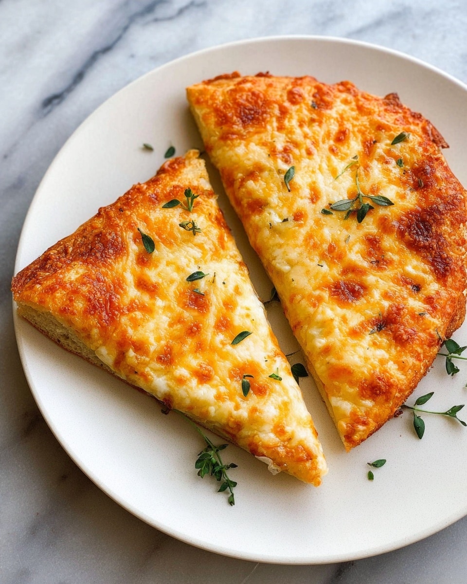 Two slices of cheese pizza on a white plate, each slice having a golden, slightly browned layer of melted cheese on top with some small green herb leaves scattered on the cheese and around the plate. The crust is thick and light golden brown at the edges. The background is a white marbled texture. Photo taken with an iphone --ar 4:5 --v 7