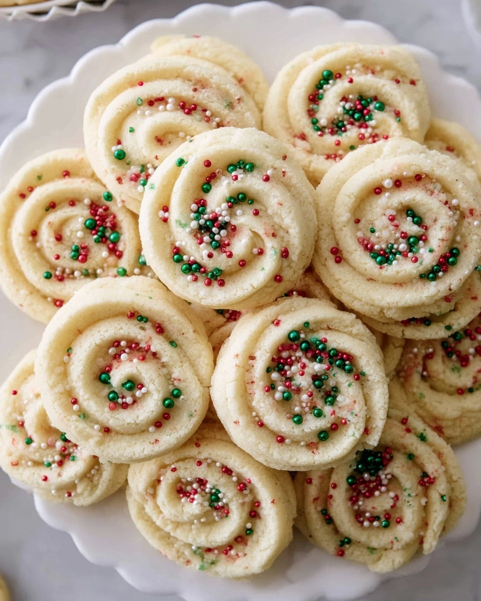 A white clear glass plate holds about a dozen light beige cookies with a soft, swirled texture and slightly crumbly edges. Each cookie has a single layer of dough shaped into a rosette with a spiral pattern on top. Some cookies are plain while others are decorated with colorful small round sprinkles in red, blue, green, yellow, purple, orange, and pink, sprinkled evenly over the swirled surface. The plate is set on a white marbled surface with a blurred white cup and spoon in the background. photo taken with an iphone --ar 4:5 --v 7