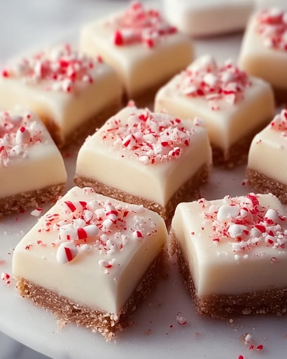 The image shows several small square pieces of a creamy white dessert arranged closely together on a white marbled surface. Each piece has two layers: a smooth, pale base layer with a slightly crumbly texture and a thicker, soft white top layer that looks like frosting or white chocolate. The top layer is sprinkled with small red and white bits, likely crushed peppermint candy, adding texture and color contrast. One piece near the front has a small bite taken out of it, revealing the two layers clearly. The overall look is clean, festive, and inviting. Photo taken with an iphone --ar 4:5 --v 7