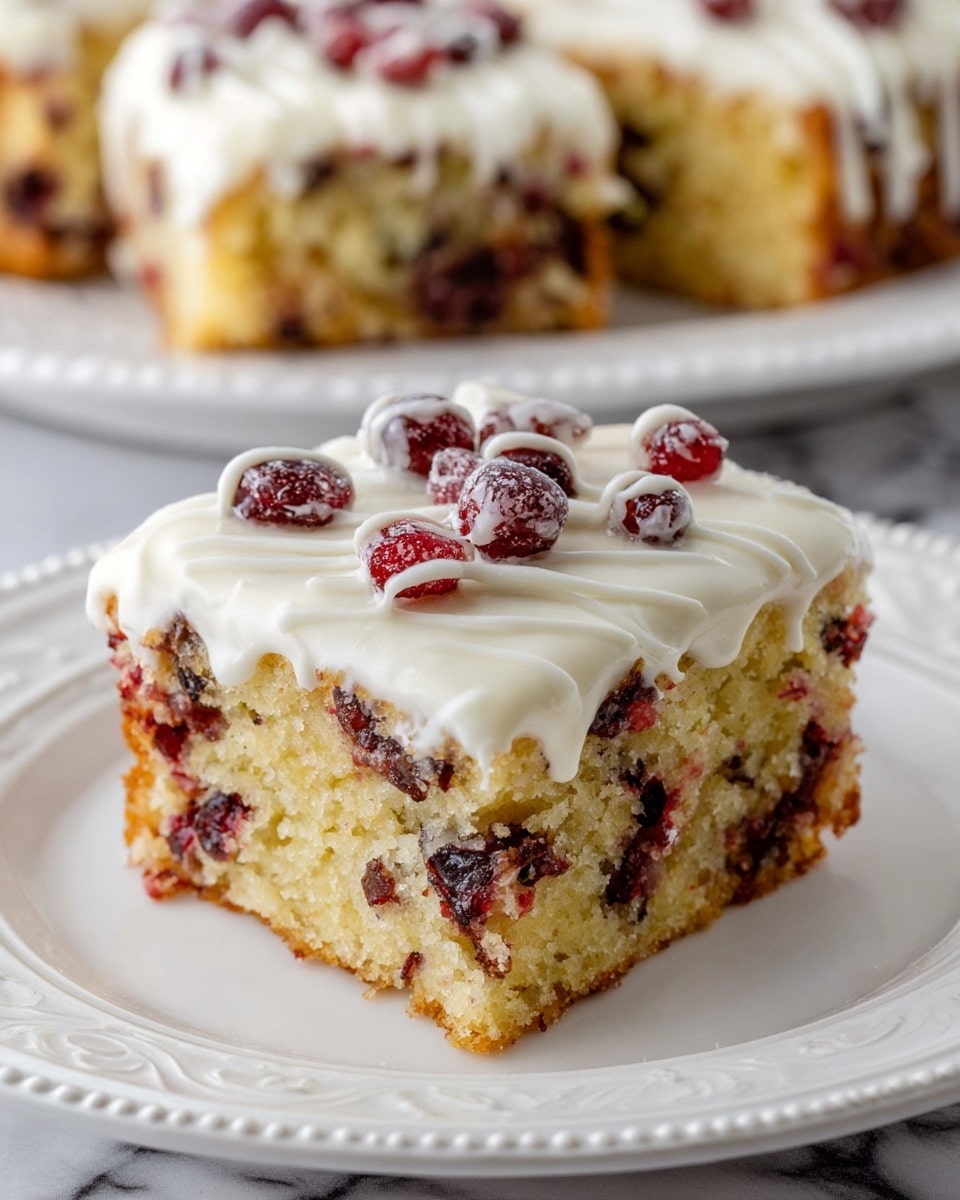 A square piece of moist cake sits on a white plate with a decorative edge, placed on a white marbled surface. The cake has one thick bottom layer of golden-brown baked crumb dotted with dark red dried cranberries inside. On top of this is a smooth, creamy white frosting layer, decorated with whole dried cranberries and thin white icing drizzled across the surface. The edges of the cake show the soft and slightly crumbly texture. In the background, more cake pieces are slightly blurred on another white plate. Photo taken with an iphone --ar 4:5 --v 7