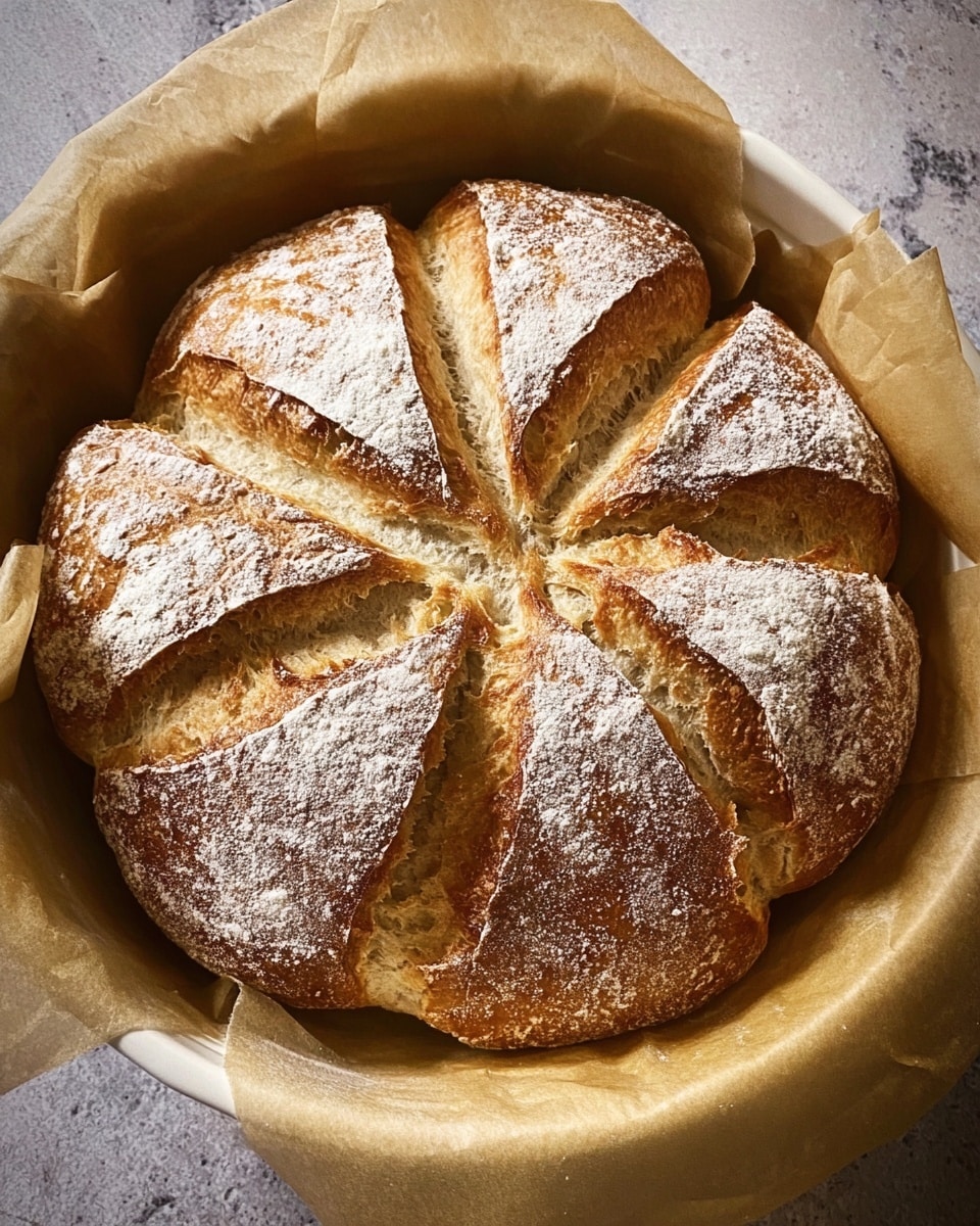 A round loaf of bread is divided into eight large, petal-shaped sections with a golden-brown crust dusted lightly with white flour. The outer edges of each section are slightly puffed and cracked, showing a soft, airy texture inside. The bread rests on light tan parchment paper, which lines a white round container. The background is a white marbled surface. photo taken with an iphone --ar 4:5 --v 7