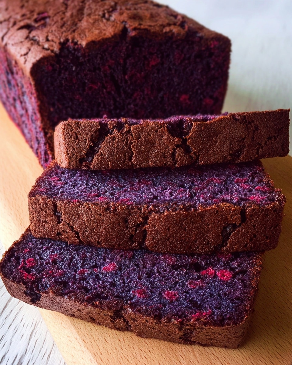 The image shows a loaf of dark purple cake with a cracked brown top crust, placed on a light wooden board against a white marbled surface. The cake is sliced, revealing a moist and textured interior with a deep purple color mixed with tiny red specks. The loaf has three visible parts: the top crust layer, which is brown and slightly cracked; the thick middle layer, purple and moist with a dense yet soft texture; and the thin crumbly bottom edge. The slices are slightly tilted, highlighting the rich color inside. Photo taken with an iphone --ar 4:5 --v 7