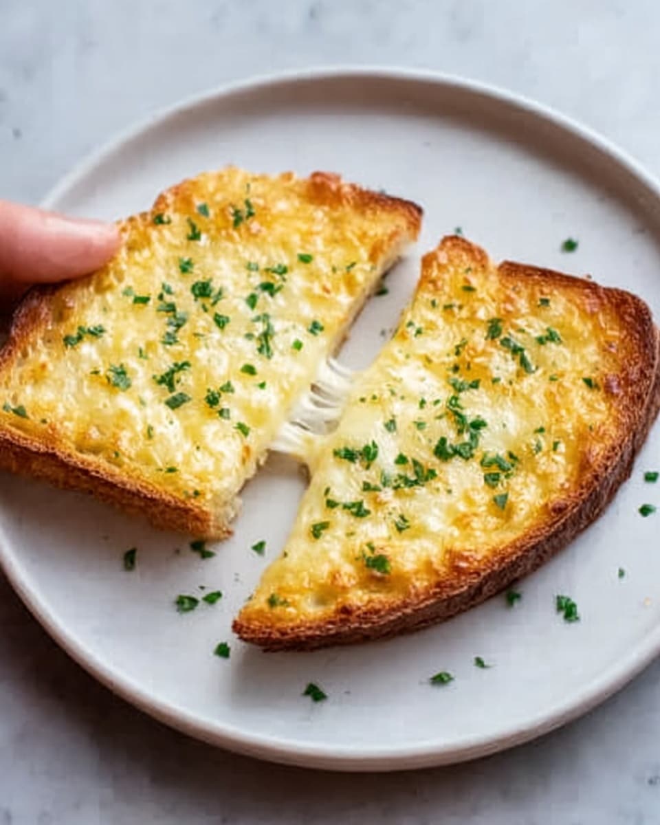 Two slices of toasted bread are on a white plate with a white marbled background. One slice is plain with a golden-brown crust and a slightly crispy texture. The other slice is topped with creamy melted cheese that is light yellow with some parts golden brown from baking. Small green herb bits are sprinkled on top and around the plate. A woman's hand is lifting the slice with cheese, showing the soft texture under the golden top. photo taken with an iphone --ar 4:5 --v 7