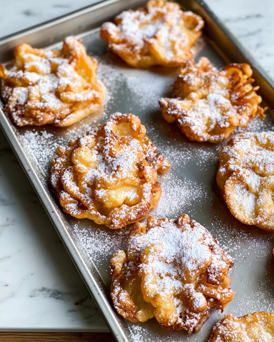 The image shows a baking tray filled with eight golden-brown funnel cakes, each with a rough, irregular shape and crispy texture. Each funnel cake is dusted evenly with white powdered sugar, creating a light snowy effect on top. The tray is placed on a white marbled surface, adding a clean and bright background. The cakes appear soft in some places and crunchy in others, with a light and airy look. The tray fills the frame from the front to the back, with the funnel cakes in focus towards the front of the image. Photo taken with an iphone --ar 4:5 --v 7