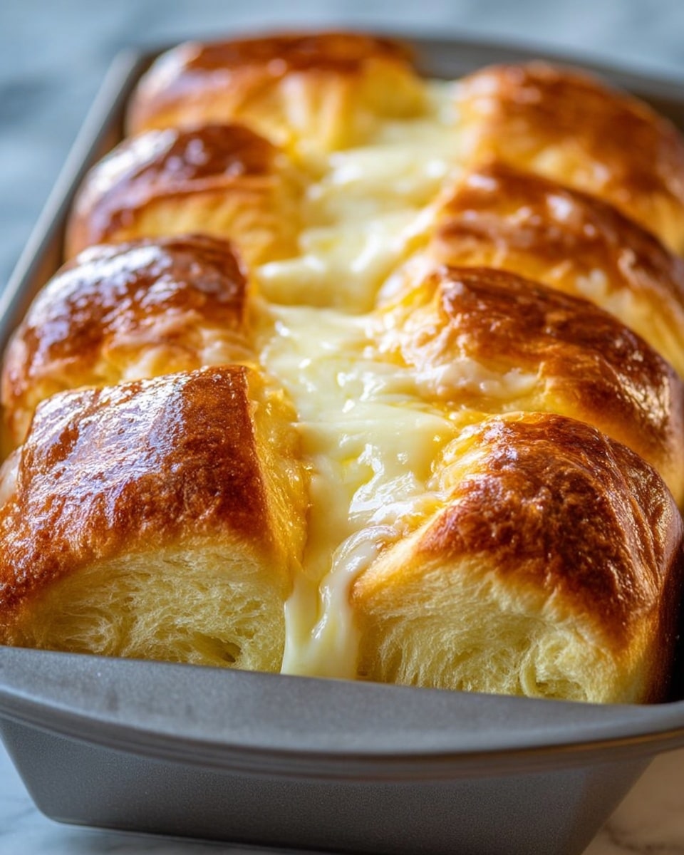 A close-up view of a loaf of pull-apart bread in a silver baking pan resting on a white marbled surface, showing six golden brown tops with shiny, slightly crispy crusts, filled with gooey melted white cheese that oozes between the layers, each piece soft and fluffy with a light yellow inside, the bread arranged in two rows of three, glowing warmly as if fresh from the oven, photo taken with an iphone --ar 4:5 --v 7