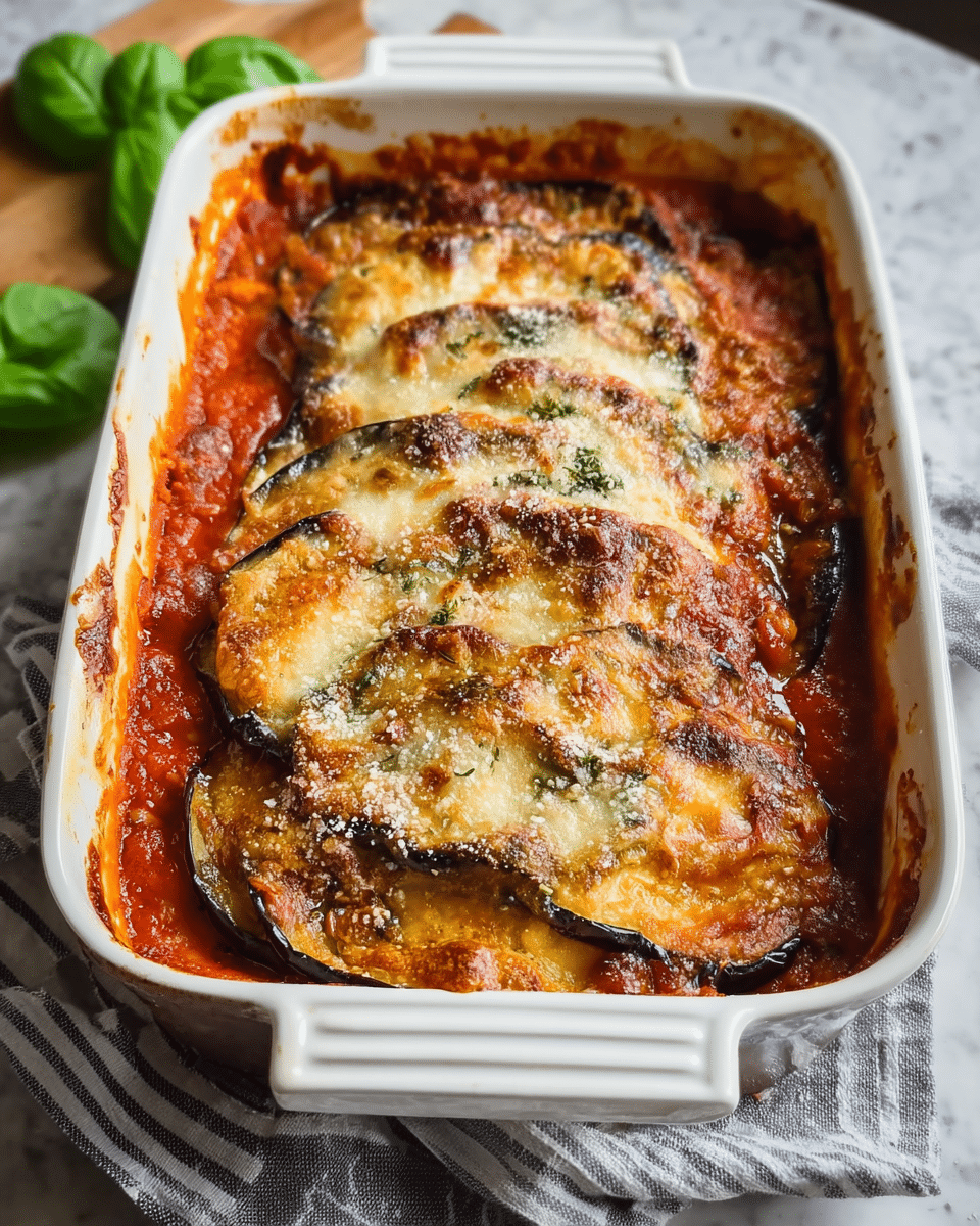 A baked dish in a white ceramic rectangular baking dish with ridged handles, featuring three visible layers: the bottom layer is a thick red tomato sauce, the middle layer has sliced dark purple eggplants that are slightly roasted, and the top layer is a golden-brown melted cheese crust with some darker browned spots and a sprinkle of green herbs and grated white cheese on top. The edges of the dish show some baked-on sauce and cheese. The dish sits on a cloth with gray and white stripes, placed on a white marbled texture surface with a few green basil leaves partially visible in the background. Photo taken with an iphone --ar 4:5 --v 7