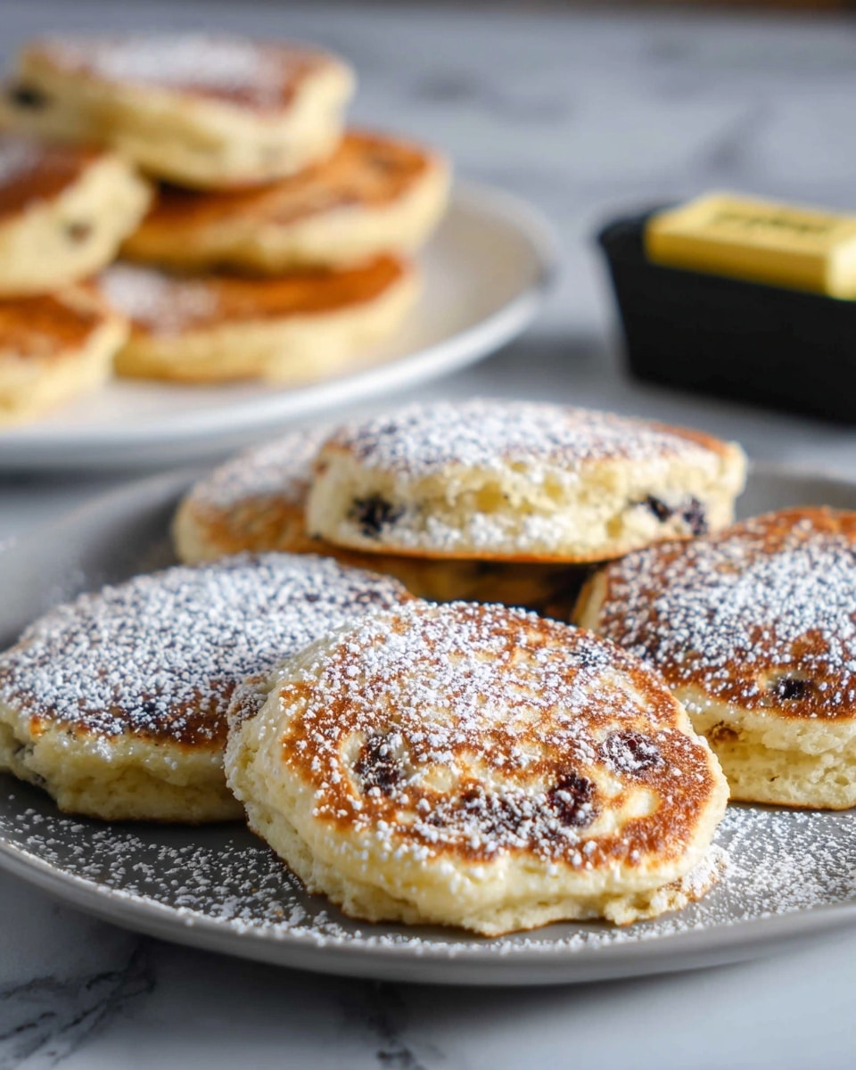 The image shows a white plate with six round, thick pancakes that have a golden brown crust with a slightly uneven texture and dark spots from cooking. Each pancake is topped with a light dusting of white powdered sugar. The pancakes appear fluffy and soft on the inside, with some darker spots indicating bits like chocolate chips or raisins. In the blurred background, there is another white plate with more pancakes and a black butter dish with a yellow lid. The whole scene is set on a white marbled surface. photo taken with an iphone --ar 4:5 --v 7