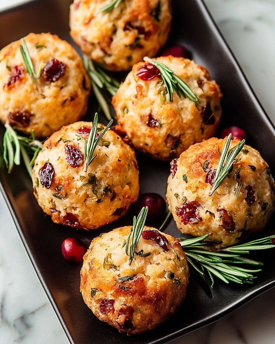 The image shows six golden-brown savory balls made with bits of herbs and bright red cranberries, placed on a dark metal tray. Each ball’s surface is textured and slightly irregular, with visible green herb pieces, such as rosemary leaves, and juicy cranberry chunks peeking through. Fresh rosemary sprigs are scattered on and around the balls, adding a touch of green. The tray rests on a white marbled surface that brightens the scene. The balls have a crispy outer layer that contrasts with their soft and moist interiors. photo taken with an iphone --ar 4:5 --v 7