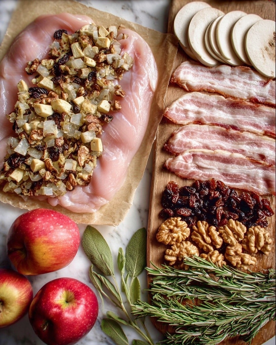 The image shows a flat layer of raw pink chicken breast spread out on parchment paper, topped on the left side with a chunky filling made of beige and brown pieces including chopped nuts, dried dark berries, and small bits of bread or tofu. To the right of the chicken, on a wooden board, there are rows of white mushroom slices, dark brown dried berries, thick pale bacon strips with pink meat and white fat marbling, and walnut halves. At the bottom, green sprigs of rosemary and two red apples with green leaves are arranged. The whole scene is set against a white marbled surface. photo taken with an iphone --ar 4:5 --v 7