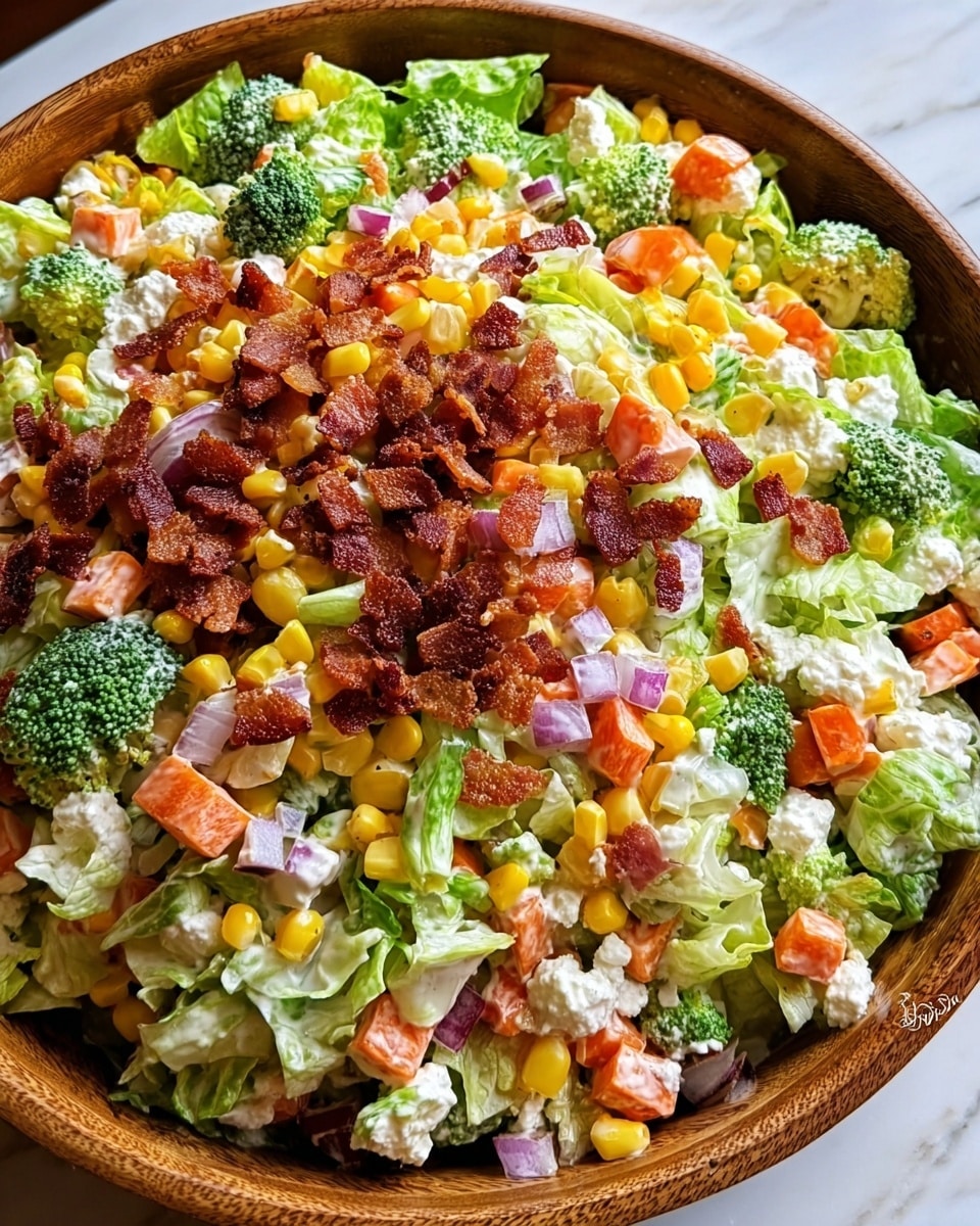 A large wooden bowl full of mixed salad with many colorful layers: bright green bite-sized broccoli pieces, pale green chopped lettuce, small yellow corn kernels, diced orange carrots, small pieces of purple onion, creamy white dollops of dressing mixed throughout, and crispy dark brown bacon bits sprinkled on top. The salad looks fresh and creamy with a variety of textures and colors evenly spread all over. Photo taken with an iphone --ar 4:5 --v 7