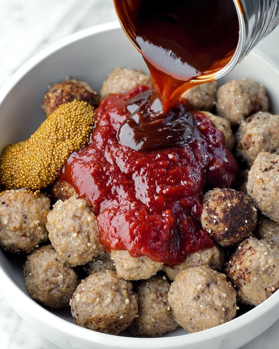 A white bowl filled with many small, round meatballs that have a dry, crumbly texture and light brown color with darker specks. On top of the meatballs, there are three different sauces layered separately: a chunky red tomato sauce with a thick texture in the center, a shiny dark brown barbecue sauce flowing from a tilted can onto the tomato sauce, and a dollop of whole grain mustard with yellow and brown seeds sitting on the left side. The bowl is placed on a white marbled surface. photo taken with an iphone --ar 4:5 --v 7