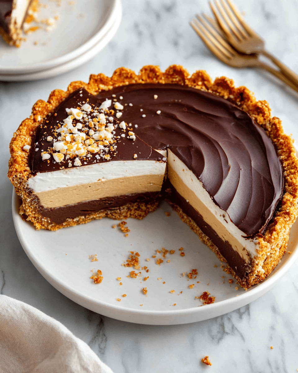 A slice of pie is shown on a white plate with a few crumbs scattered around it. The pie has four layers: the bottom is a golden, crumbly crust, above it is a thick, smooth dark chocolate layer, then a thick creamy beige layer, and lastly a glossy dark chocolate layer on top with a wavy texture. The crust edges are scalloped and golden brown, providing a textured border around the pie. The background features a white marbled surface. photo taken with an iphone --ar 4:5 --v 7