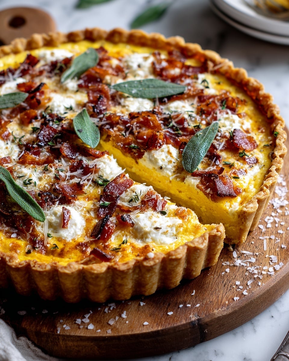 A golden-brown tart with a flaky crust holds several colorful layers: a smooth, bright yellow base, topped with creamy white cheese patches, and scattered with crispy, dark reddish-brown bacon pieces. Fresh green sage leaves and finely grated cheese are sprinkled over the top, adding texture and contrast. The tart sits on a wooden cutting board with some salt flakes around it, all placed on a white marbled surface in soft natural light. photo taken with an iphone --ar 4:5 --v 7