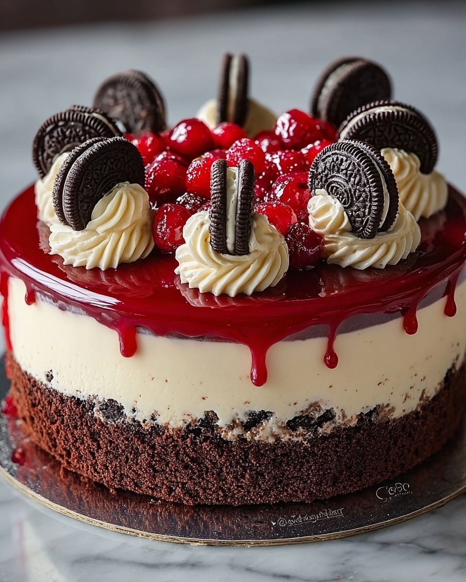 A three-layer cake stands on a reflective surface with a white marbled texture. The bottom layer is dark brown and crumbly, topped by a thick, smooth cream-colored middle layer, and a thin dark crumb layer crowns this section. The top layer is a glossy, deep red glaze that slightly drips down the sides. On top, there are seven swirls of white cream, each holding a dark chocolate sandwich cookie resting vertically, surrounded by bright red berries with a shiny syrup covering them. Photo taken with an iphone --ar 4:5 --v 7