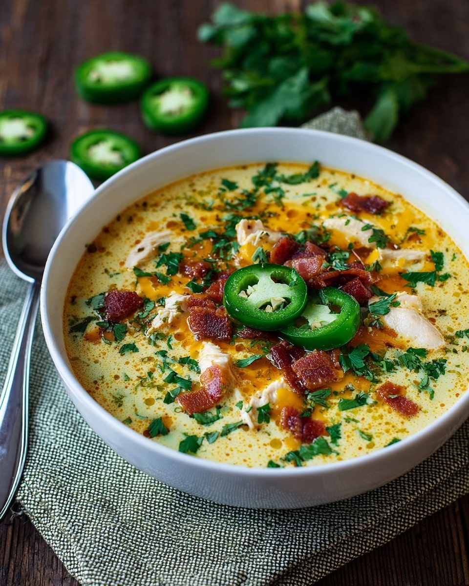 The dish is a creamy soup served in a white bowl on a folded green and gray cloth over a white marbled texture. The soup has a thick, pale yellow base with visible chunks of white chicken pieces scattered throughout. On top, crispy reddish-brown bacon bits are spread mainly in the center, surrounded by bright green jalapeño slices placed evenly around the bowl. Fresh chopped green herbs are sprinkled across the surface, adding color and texture. The creamy soup has small droplets of oil floating on top, giving it a rich look. A white marbled surface and a spoon rest beside the bowl, completing the scene. Photo taken with an iphone --ar 4:5 --v 7