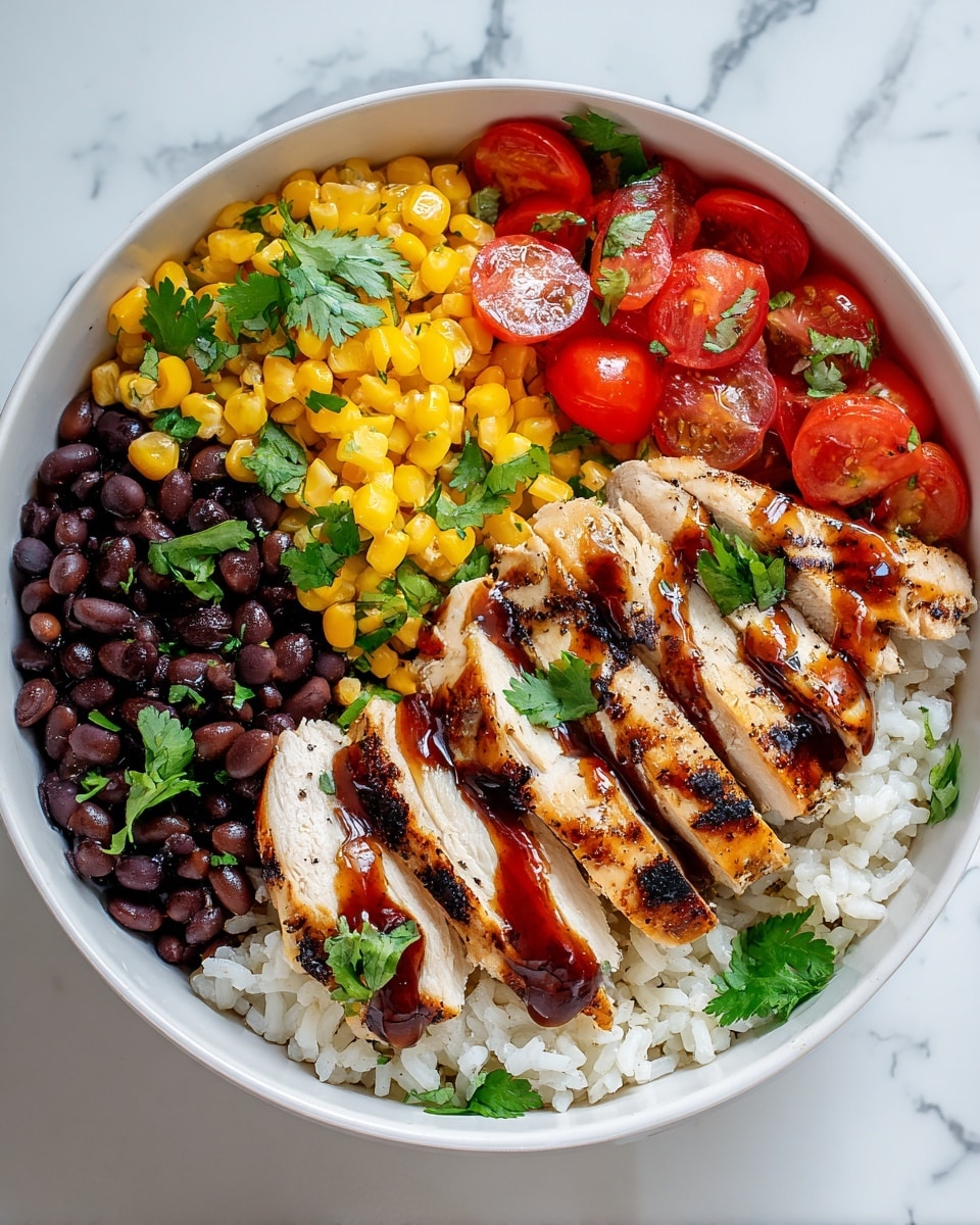 A white bowl filled with a layered dish starting with a base of white rice mixed with yellow corn kernels. On top of the rice, there are black beans on one side, and bright red cherry tomato halves placed next to the beans. Next to the tomatoes are slices of grilled chicken breast with light brown char marks, drizzled with a shiny dark brown sauce. Fresh green cilantro leaves are sprinkled on top of the chicken, beans, and tomatoes for garnish. The bowl is placed on a white marbled surface. Photo taken with an iphone --ar 4:5 --v 7