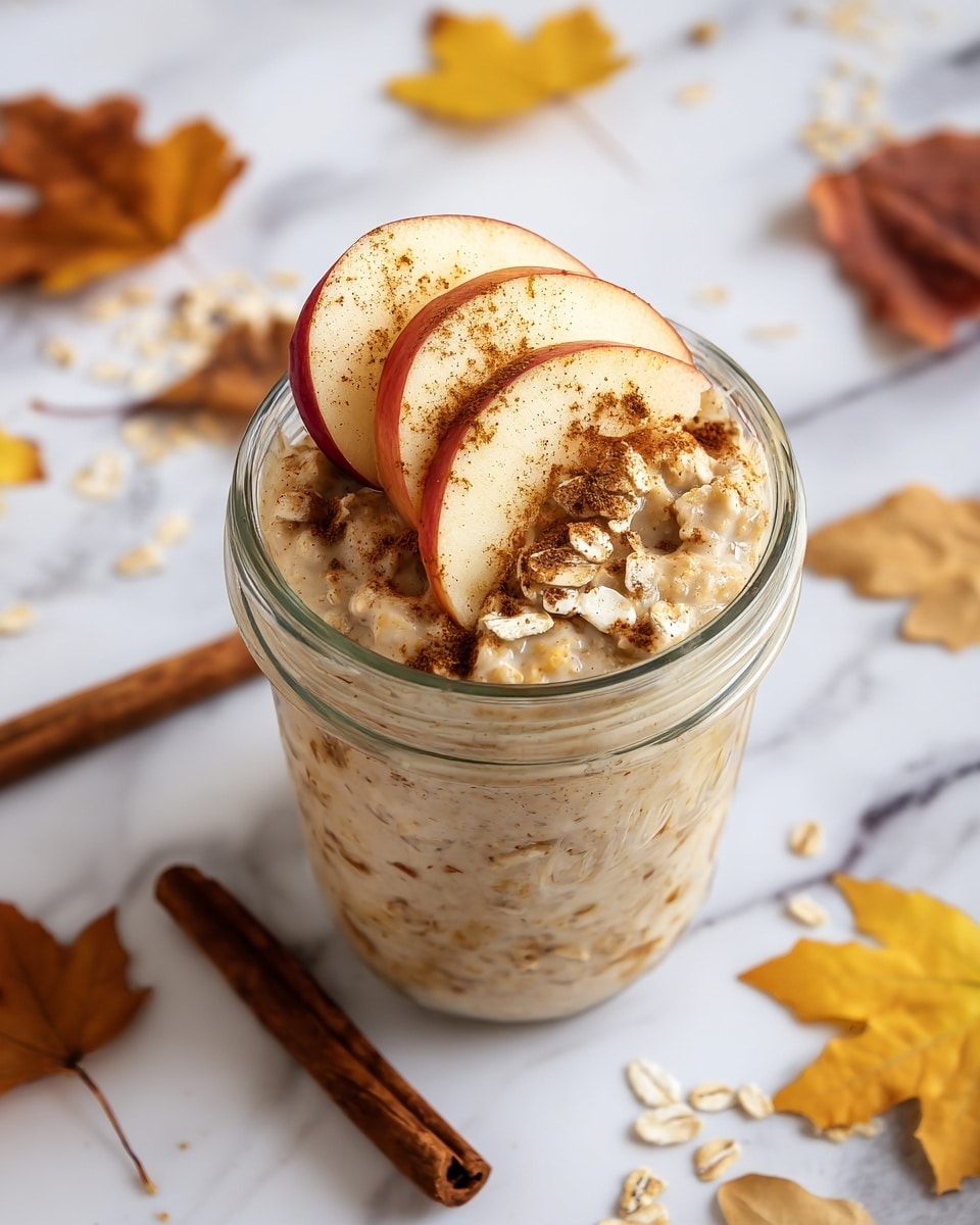 A clear glass jar filled with a creamy, beige oatmeal mixture that has small oats and cinnamon specks visible throughout. On top, there are several thick apple slices with red and yellow skin, sprinkled with a dusting of cinnamon powder. The jar sits on a white marbled surface scattered with maple leaves in yellow, orange, and brown tones, along with a few cinnamon sticks and loose oats. The overall look suggests a cozy autumn theme. photo taken with an iphone --ar 4:5 --v 7