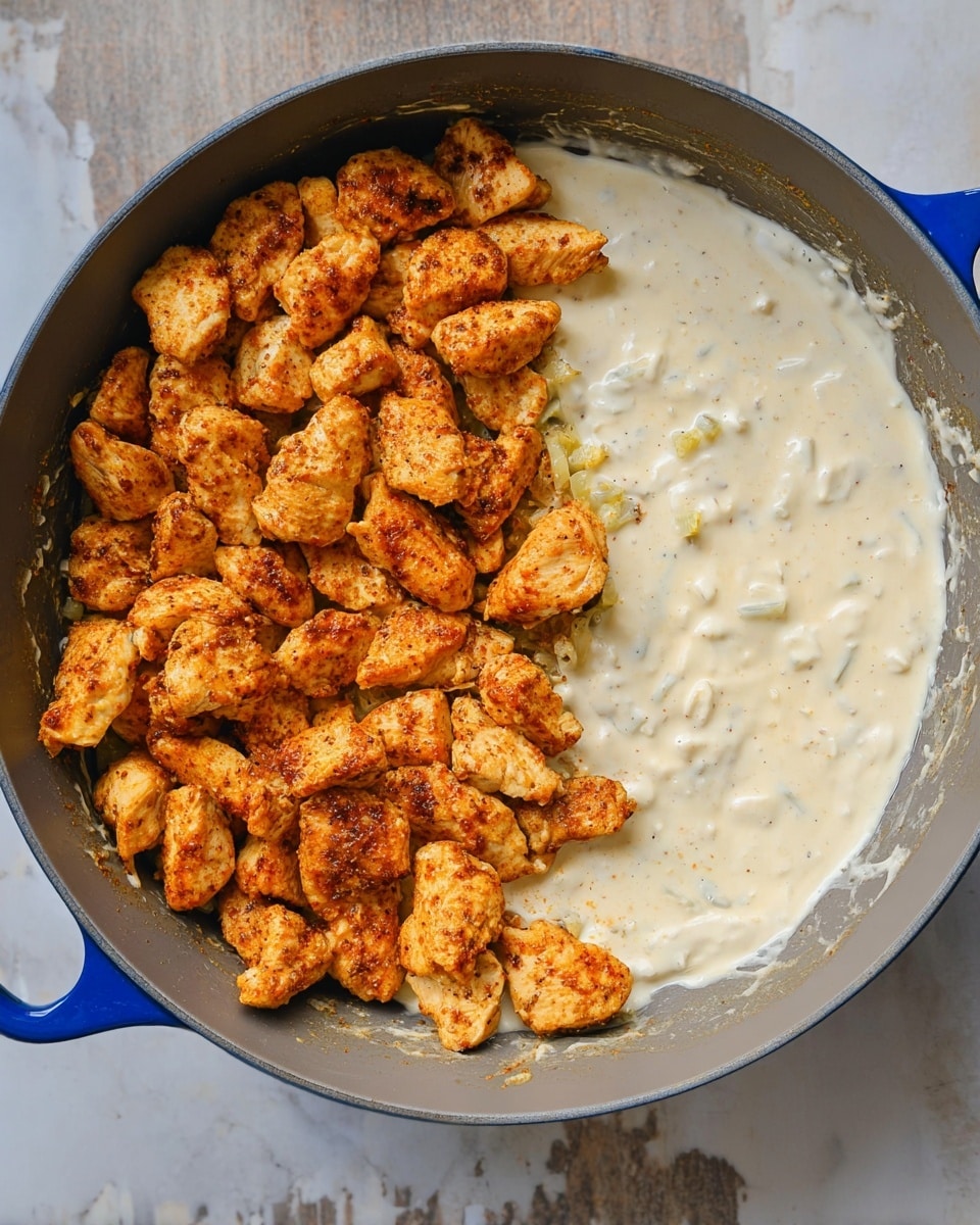 A large gray pan with blue handles shows two main layers: on the left side, there are many pieces of cooked chicken that are golden-brown and slightly crispy, with some spices giving them a warm, reddish color; on the right side, there is a creamy white sauce with small soft bits within it, creating a smooth texture with slight lumps. The chicken pieces sit on top of part of the sauce, mixing the two layers near the center. The pan is placed on a white marbled surface. photo taken with an iphone --ar 4:5 --v 7