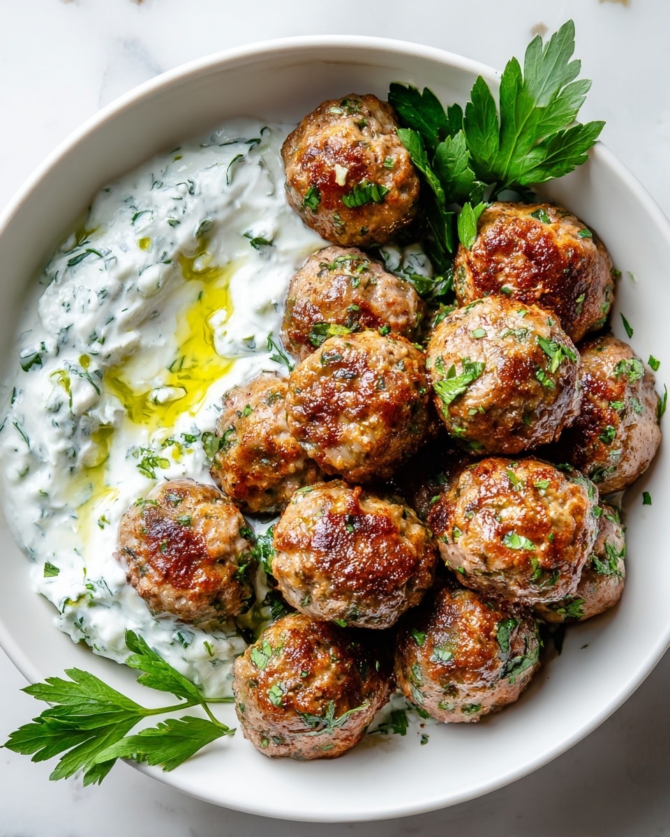 A white bowl filled with ten golden-brown meatballs with a slightly crispy texture, scattered with small bits of green herbs. On one side of the bowl, there is a generous serving of thick white yogurt sauce mixed with finely chopped green herbs and a light drizzle of olive oil. The bowl sits on a white marbled surface with some fresh green herbs placed nearby, adding a fresh touch. photo taken with an iphone --ar 4:5 --v 7