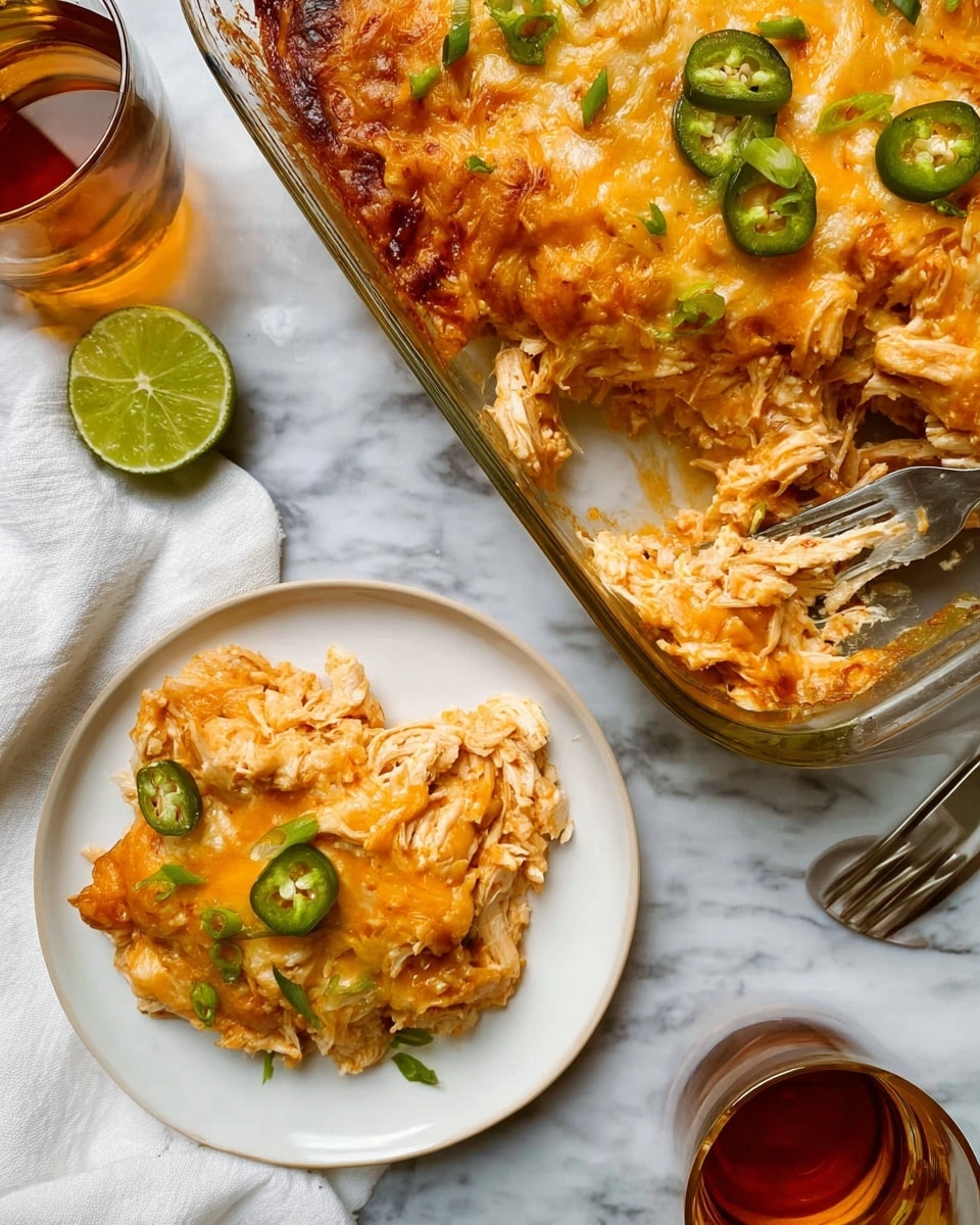 The image shows a dish served in a clear glass baking dish with two visible layers: the bottom layer is shredded chicken mixed with a light orange sauce, and the top layer is melted golden-brown cheese with some green jalapeño slices scattered on top. A portion of the chicken and cheese mixture is scooped onto a plain white plate, showing the shredded texture and sauce mixed in. The scene also includes a white marbled surface beneath the dishes, a lime half, a fork resting on a white cloth, and a glass of amber liquid on the side. photo taken with an iphone --ar 4:5 --v 7