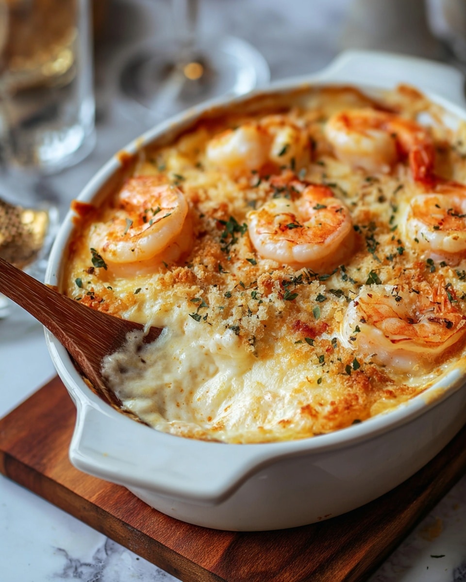 A white round baking dish holds a creamy, baked shrimp casserole with two main layers visible: the bottom layer is a smooth, light creamy sauce mixed with melted cheese that has a golden brown, slightly crispy top edge, and the top layer features several plump pink shrimp scattered evenly, each slightly browned and curled, with a sprinkling of finely chopped herbs and a small sprig of thyme in the center, all placed on a white marbled surface. photo taken with an iphone --ar 4:5 --v 7