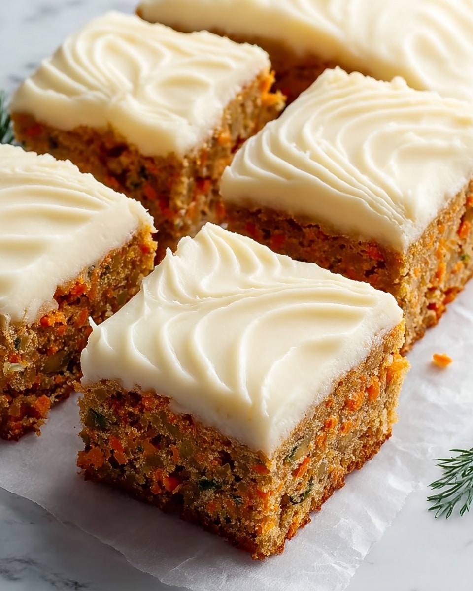 The image shows four square pieces of carrot cake with two visible layers. The bottom layer is a moist, light brown cake featuring small orange carrot bits and green specks, while the top layer is a creamy white frosting swirled smoothly in a spiral pattern. The cake pieces are placed close together on white parchment paper, sitting on a white marbled surface. The texture of the cake looks soft and slightly crumbly, and the frosting appears thick and smooth. photo taken with an iphone --ar 4:5 --v 7
