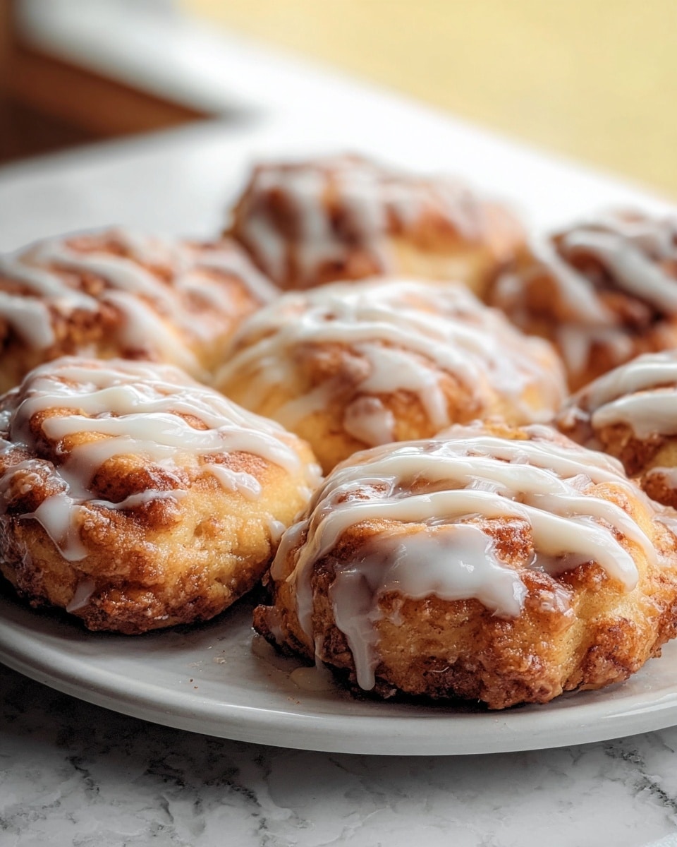 A close-up view of six round cinnamon rolls arranged in two rows on a white plate resting on a white marbled surface, each roll has a golden-brown crust with a slightly rough and crispy texture, and they are topped with a thick, white icing drizzled unevenly over the surface, creating a glossy, smooth contrast to the textured rolls beneath, the background is softly blurred, emphasizing the warm tone and details of the rolls. photo taken with an iphone --ar 4:5 --v 7