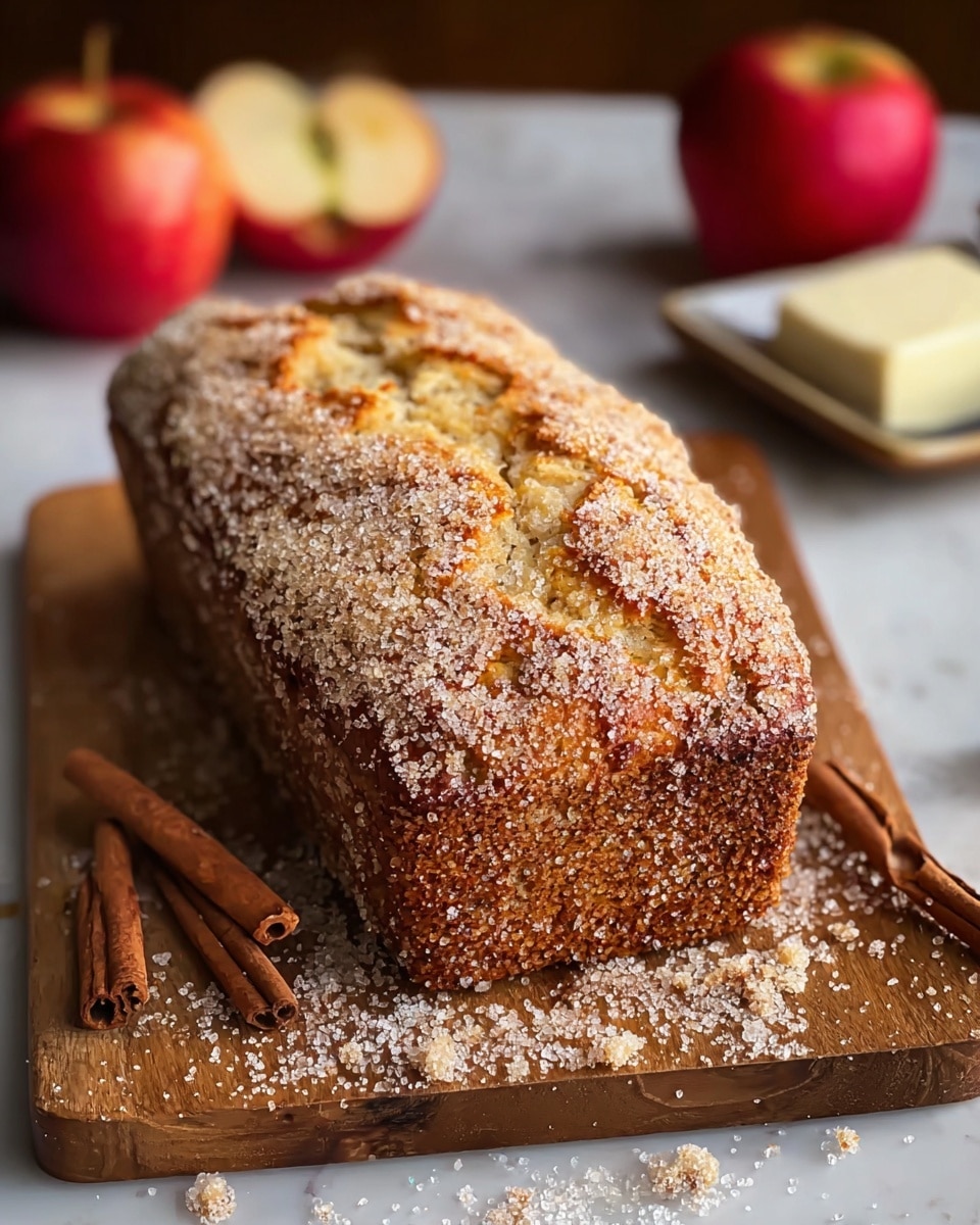 A loaf of golden-brown bread with a rough, sugary crust sprinkled thickly on top sits on a wooden cutting board. The loaf has a cracked top showing a light yellow inside, with a darker, textured brown outer layer. Around the board, crystals of sugar are scattered. In the background, two red apples, a cinnamon stick, and a white butter pat on a small square plate are softly blurred. The scene is set on a white marbled surface. photo taken with an iphone --ar 4:5 --v 7