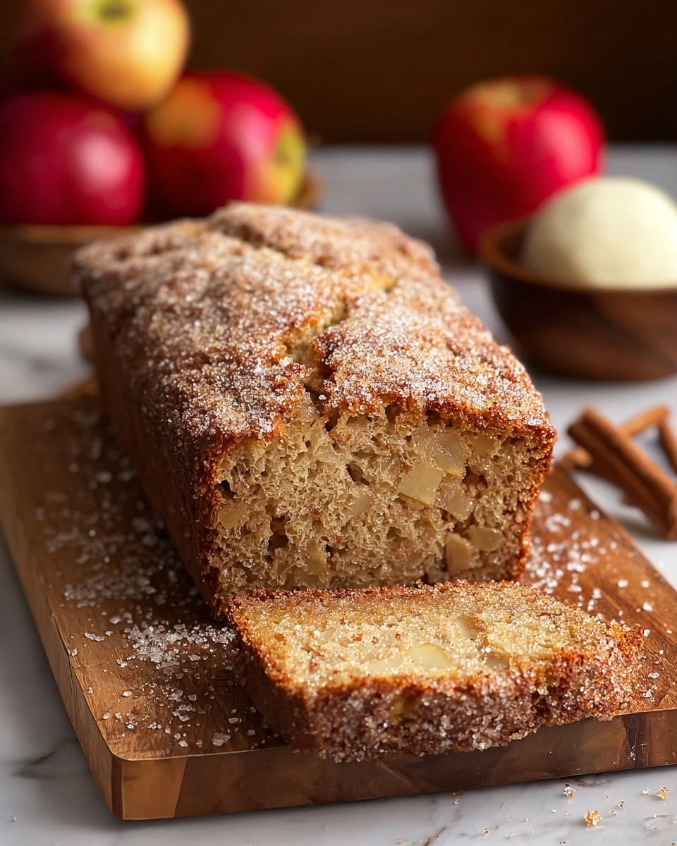 A close-up view of a rectangular loaf of apple cinnamon bread resting on a wooden cutting board, showing one brown, dense slice at the front with a coarse sugary crust on top. The bread's top layer is golden-brown and cracked with visible sugar crystals, while the inside looks moist and studded with bits of apple and cinnamon. Around the board, some sugar crystals are scattered. In the blurred background, two red apples and a stick of cinnamon are visible along with a wooden bowl holding a white ball of butter, all placed on a white marbled surface. photo taken with an iphone --ar 4:5 --v 7