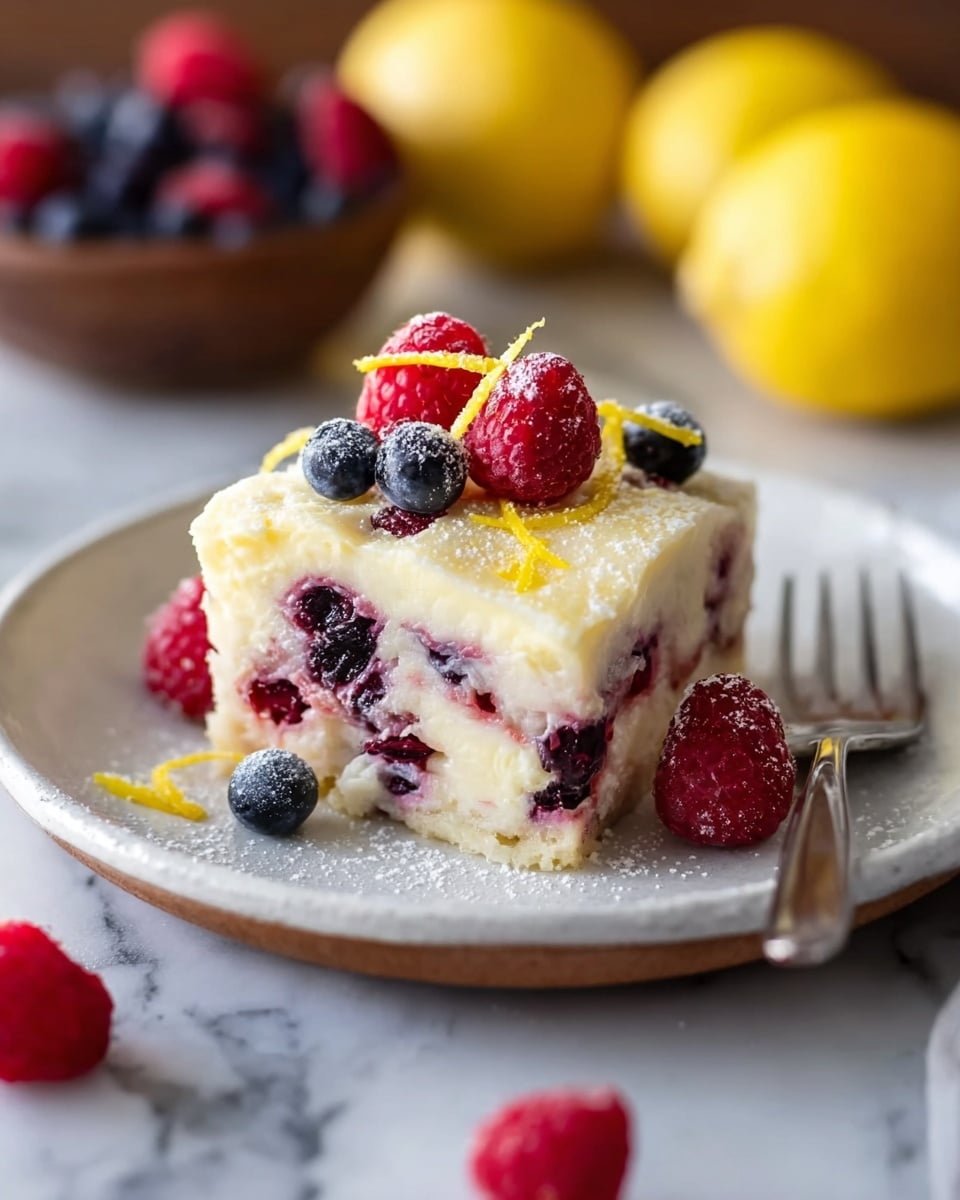 A square slice of creamy berry dessert sits on a white plate with a slightly raised edge. The dessert has two visible layers: a thick, pale yellow creamy layer on top with scattered dark purple and red berries embedded inside, and a bottom layer that is rich with more mixed dark berries. Fresh red raspberries and a few dark blueberries are placed on top, along with thin strips of bright yellow lemon zest and a light dusting of powdered sugar. A silver fork rests on the right edge of the plate. In the background, out of focus, there are whole and halved lemons and scattered berries on a white marbled surface. photo taken with an iphone --ar 4:5 --v 7