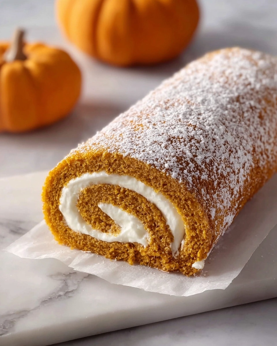 The image shows a pumpkin roll cake resting on white parchment paper placed on a white marbled surface. The cake has two main visible layers: a soft, moist pumpkin sponge layer with a light orange-brown color and a creamy white filling swirled evenly inside. The entire roll is dusted with a light layer of powdered sugar, giving the top and sides a delicate, snowy texture. In the background, there is a small orange pumpkin slightly out of focus, adding a seasonal touch. The photo taken with an iphone --ar 4:5 --v 7