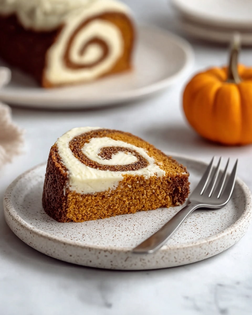 A spiral slice of brown cake with a rough texture is filled with a smooth, creamy white layer swirled evenly from the center to the outer edge. The slice rests on a round white speckled plate, positioned slightly off-center with a silver fork placed to the right side of the plate. In the background, there is a blurred whole roll cake with the same brown and white swirl pattern on a white plate, and a small orange pumpkin sits nearby. The setting is on a white marbled surface, giving a clean and bright feel. Photo taken with an iphone --ar 4:5 --v 7