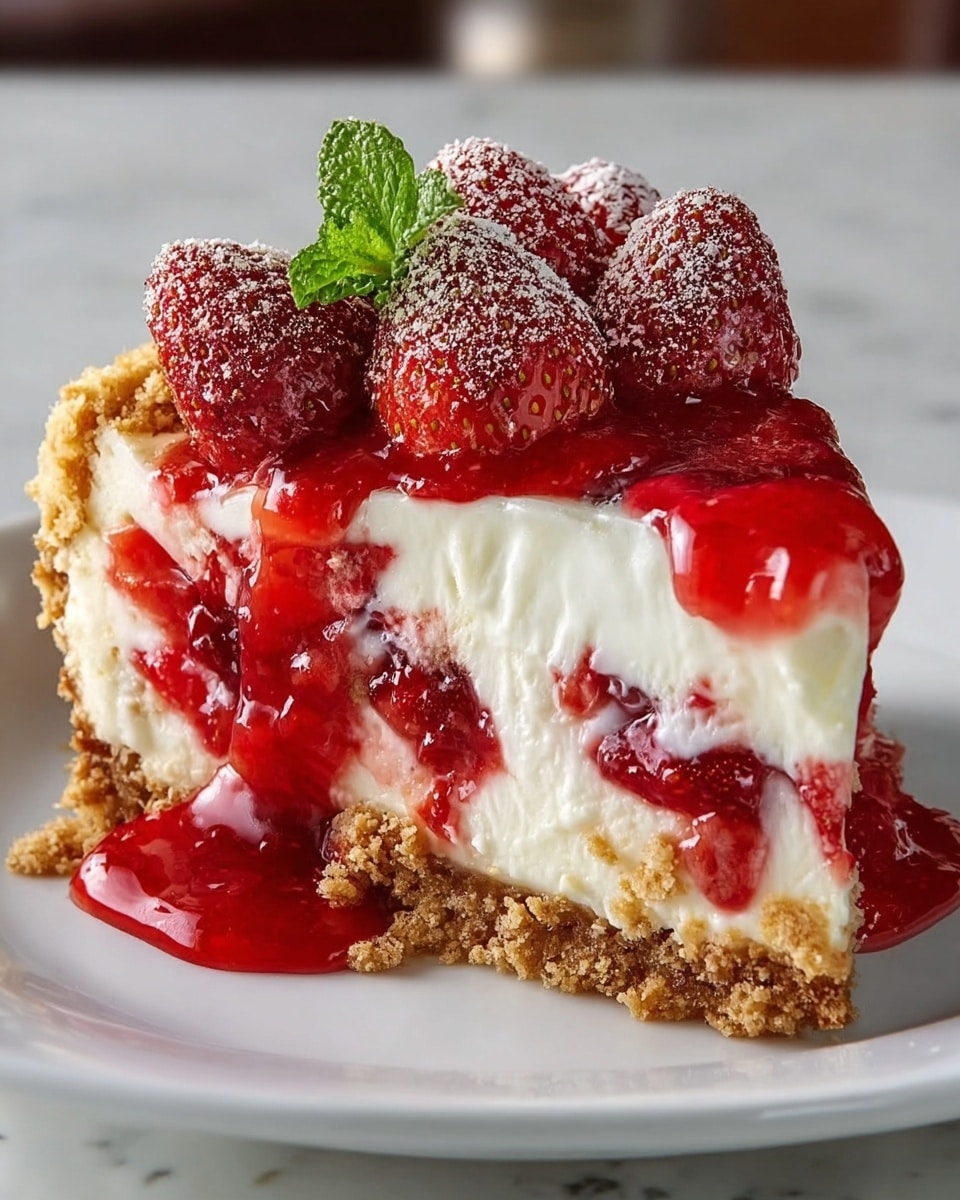 A slice of strawberry cheesecake is shown on a white plate on a white marbled surface. The base layer is crumbly and golden brown, made of crushed biscuits. Above this is a thick, smooth white cream cheese layer with pieces of red strawberry jam mixed in. The next layer is a thick topping of bright red strawberry sauce that is dripping down the side. On top, there are several whole fresh strawberries covered with powdered sugar and a small green mint leaf for decoration. photo taken with an iphone --ar 4:5 --v 7