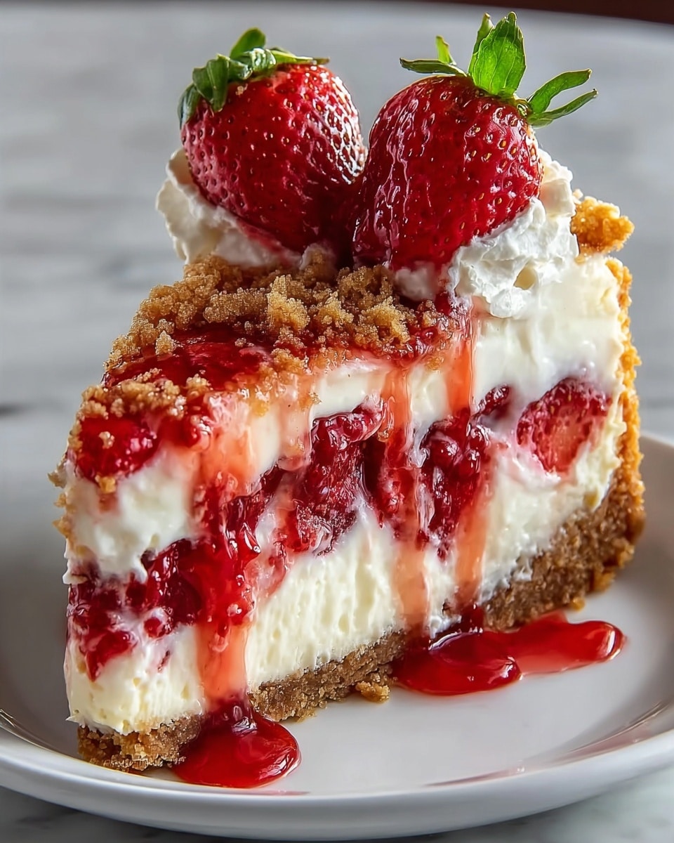 A slice of strawberry cheesecake on a white plate with a white marbled background, showing four distinct layers: the bottom crumbly light brown crust, a thick creamy white cheese layer above it, a middle layer filled with slices of bright red strawberries covered in glossy strawberry sauce, topped with a thick layer of white cream and a crumbly golden brown topping drizzled with more strawberry sauce. Two fresh whole strawberries with green leaves are placed on top. Photo taken with an iphone --ar 4:5 --v 7