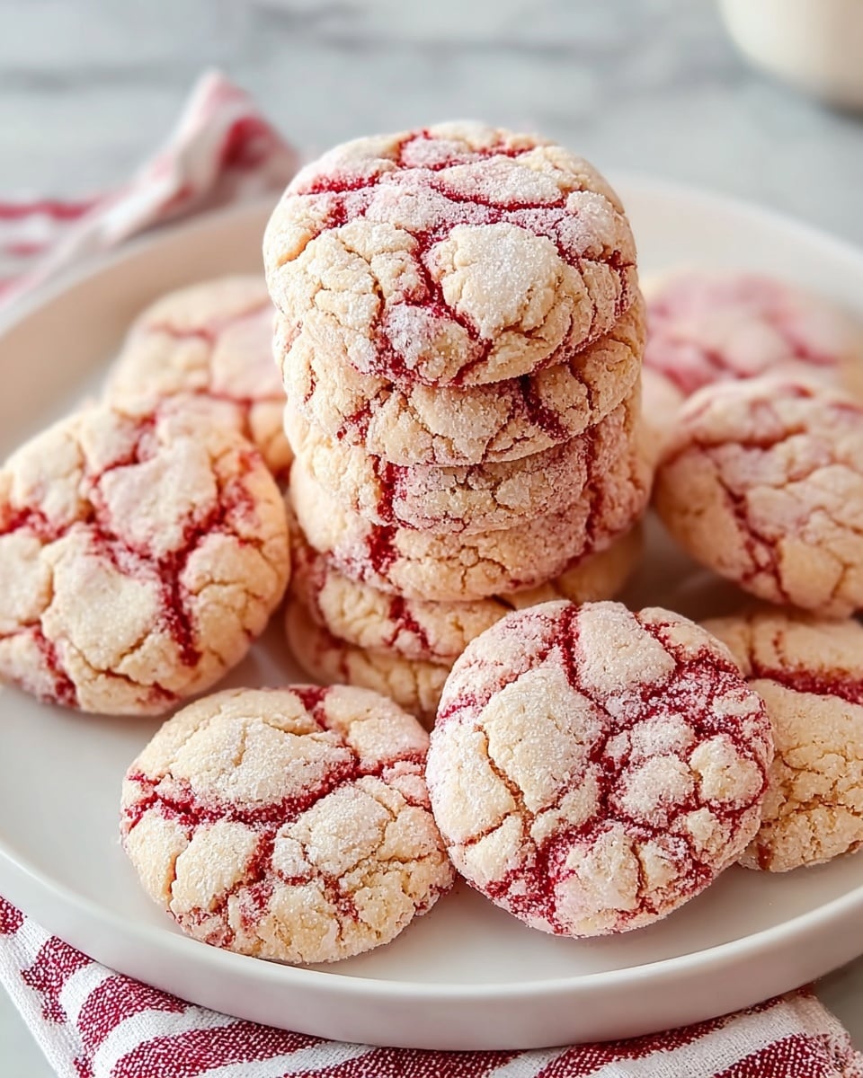 A stack of round cookies with a cracked surface sits on a white plate, each cookie showing a light beige color dusted with sugar and bright red cracks running through them, giving a textured, almost frosted look; the plate rests on a white marbled surface with a red and white striped cloth partially visible underneath, adding a cozy touch to the scene. Photo taken with an iphone --ar 4:5 --v 7