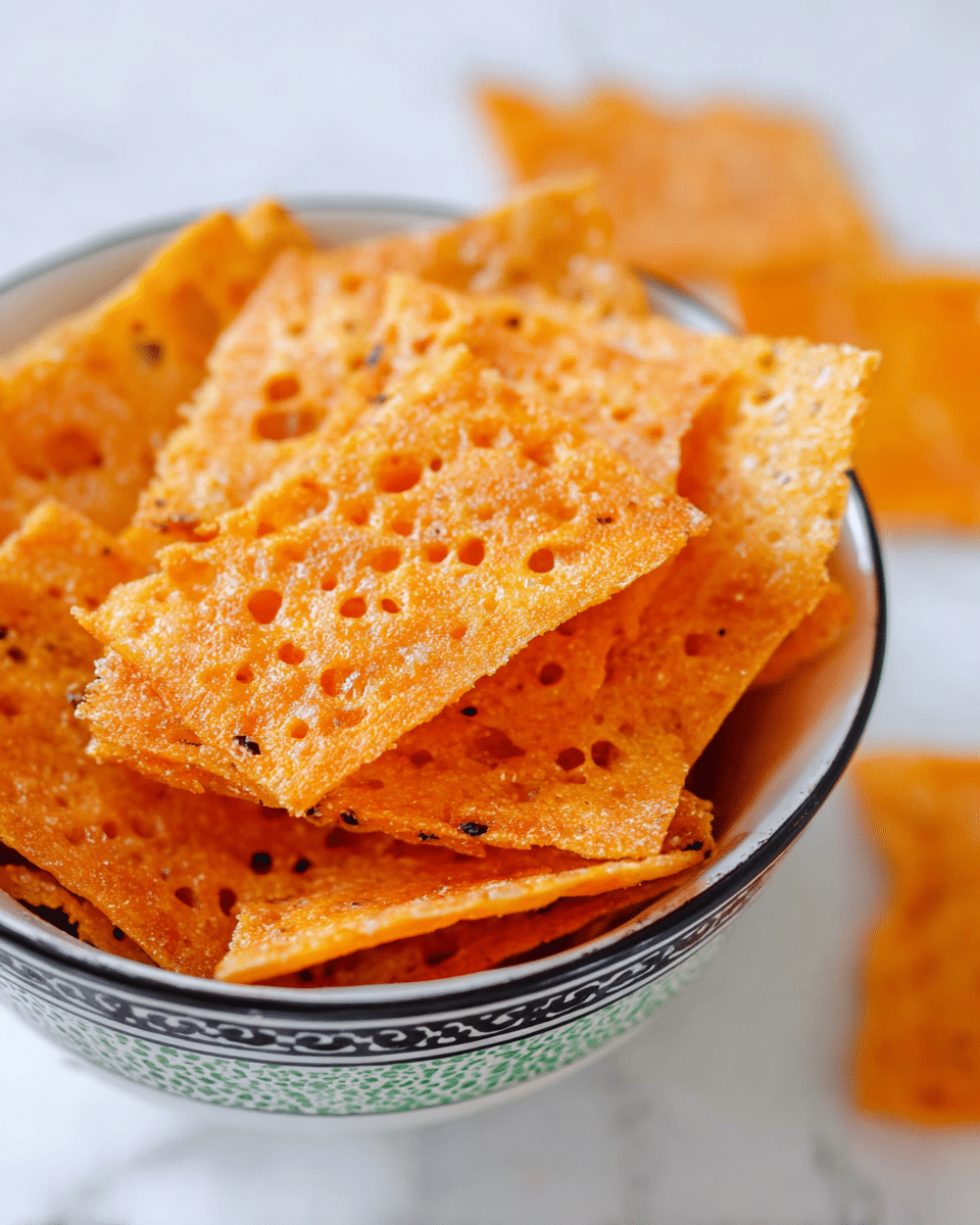 A bowl filled with several thin, rectangular, orange cheese crisps that have a lacy, holey texture and slightly crispy edges, stacked casually inside a white bowl with black and green designs on the rim, placed on a white marbled surface with a few crisps scattered around the bowl in the background, all showing the crunchy and airy texture of the cheese crisps clearly, photo taken with an iphone --ar 4:5 --v 7
