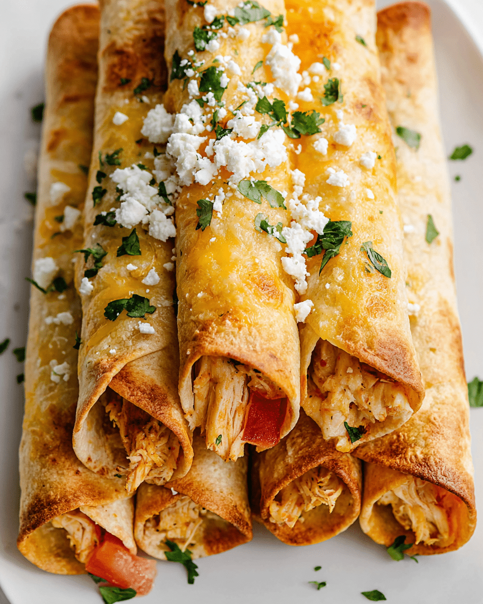 A close-up view of six rolled tacos stacked neatly on a white plate, each taco having a golden-brown crispy tortilla wrapped around shredded chicken mixed with melted yellow cheese and small pieces of tomato visible in some. The tacos are topped with crumbled white cheese and scattered fresh green cilantro, adding a bright contrast to the warm tones of the tortillas. The white marbled surface beneath the plate enhances the colors and textures, giving the image a fresh and appetizing look. Photo taken with an iphone --ar 4:5 --v 7